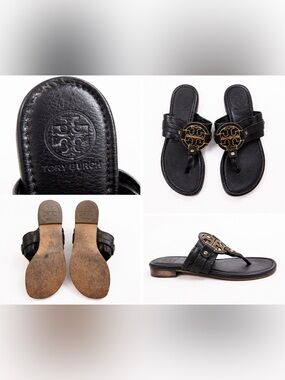 🤩 Tory Burch Black Leather Logo Thong Sandals with Gold Emblem Size-6